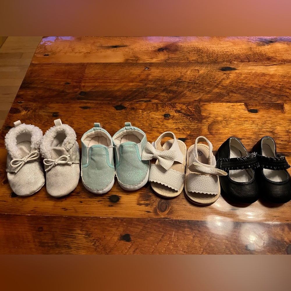 Bundle of 4 infant girl shoes, 3-6mo